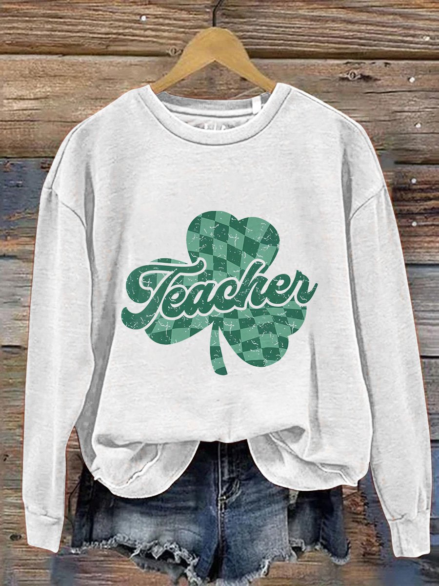 Eagerlys Teacher Checkered St. Patrick's Day Print Casual Sweatshirt