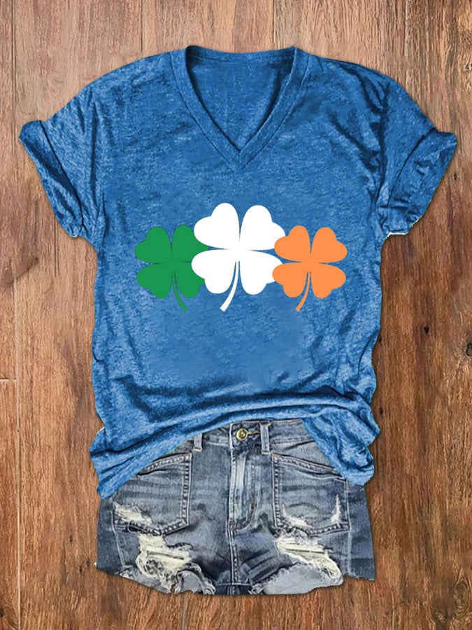 Eagerlys Women's Shamrock Print V-Neck Short Sleeve T-Shirt