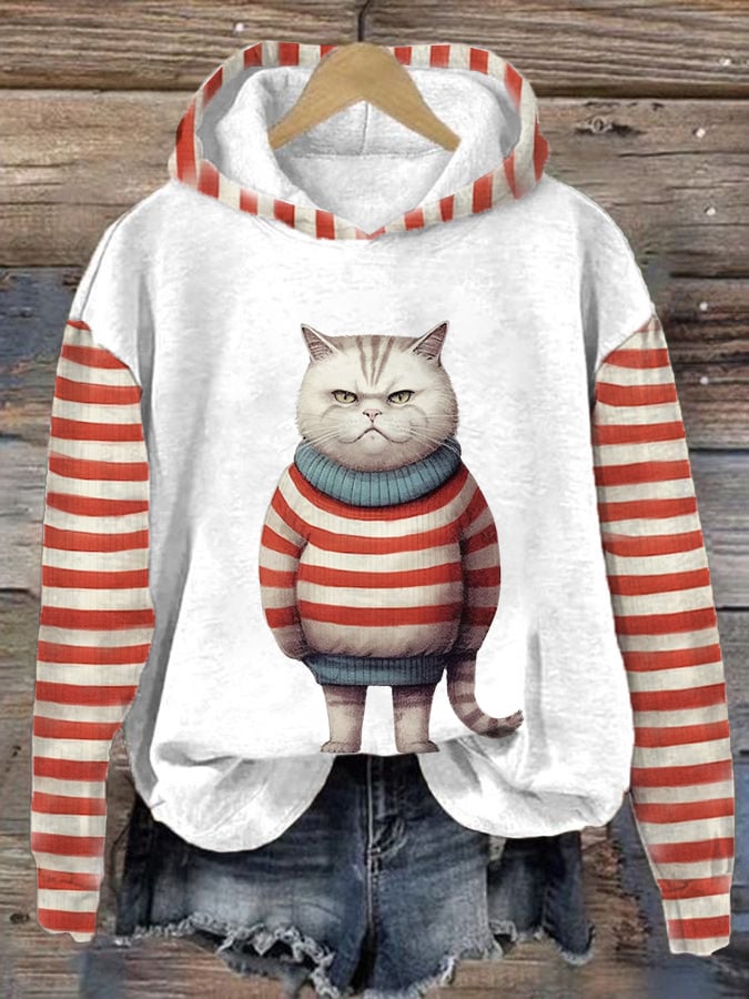 Women's Cat In Christmas Sweater Print Casual Hoodie
