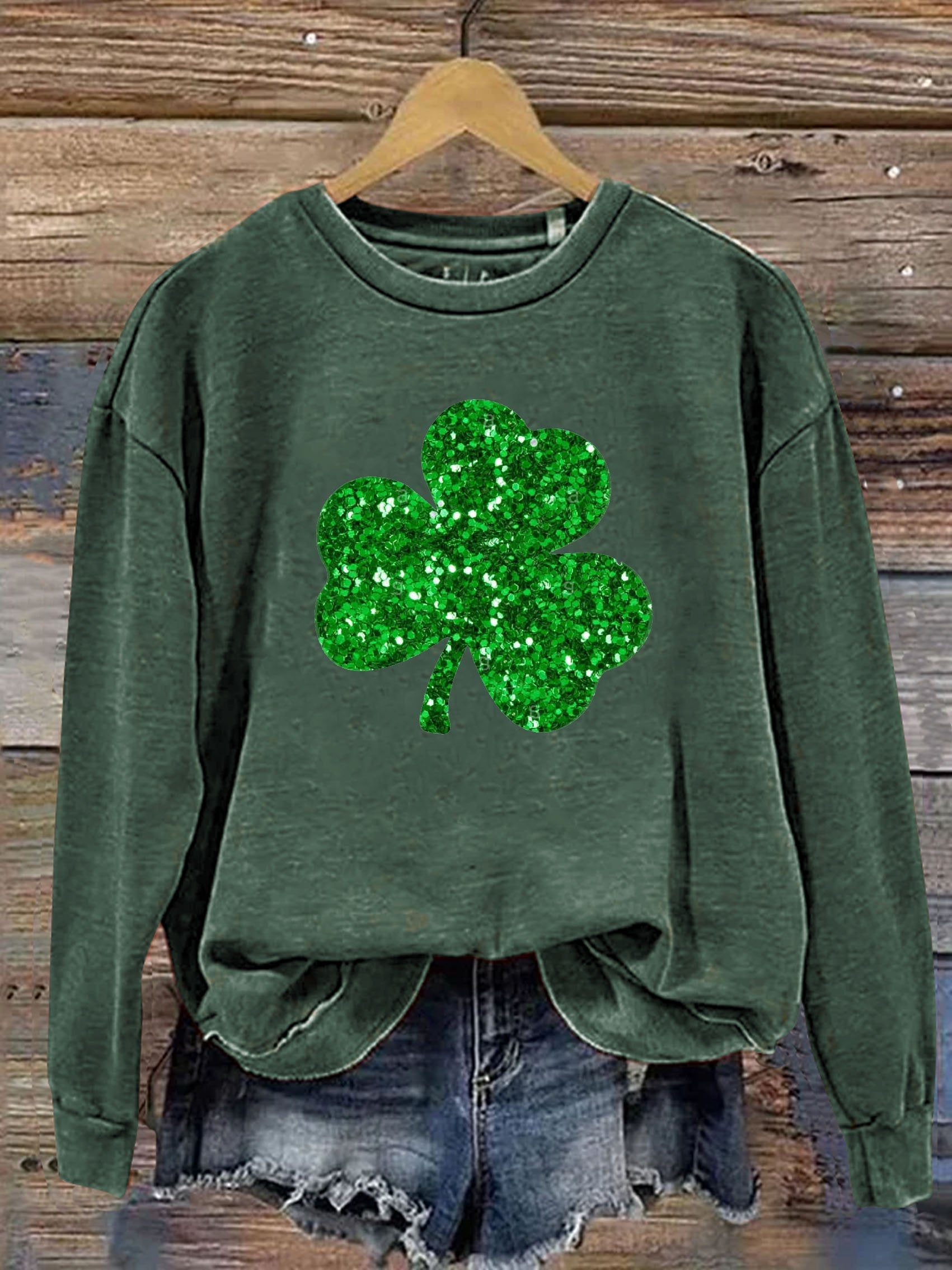 Eagerlys Happy St. Patrick's Day Clover Shiny Print Casual  Sweatshirt