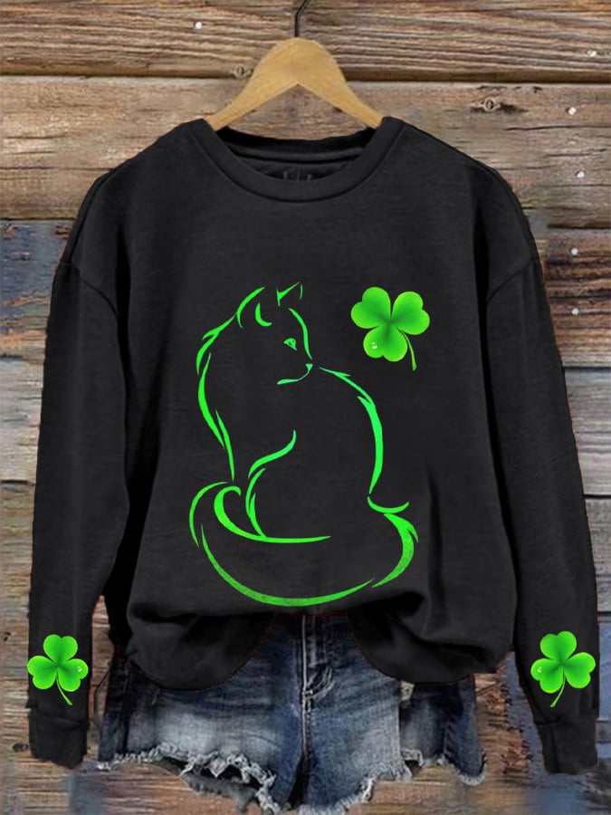 Eagerlys Women's St. Patrick's Day Shamrock Cat Casual Sweatshirt