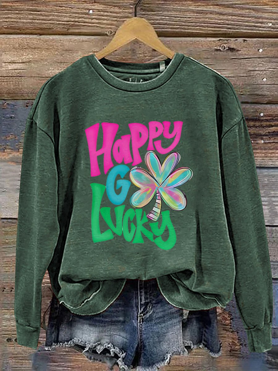 Eagerlys Shamrock Happy Go Lucky St. Patrick's Day Print Casual Sweatshirt