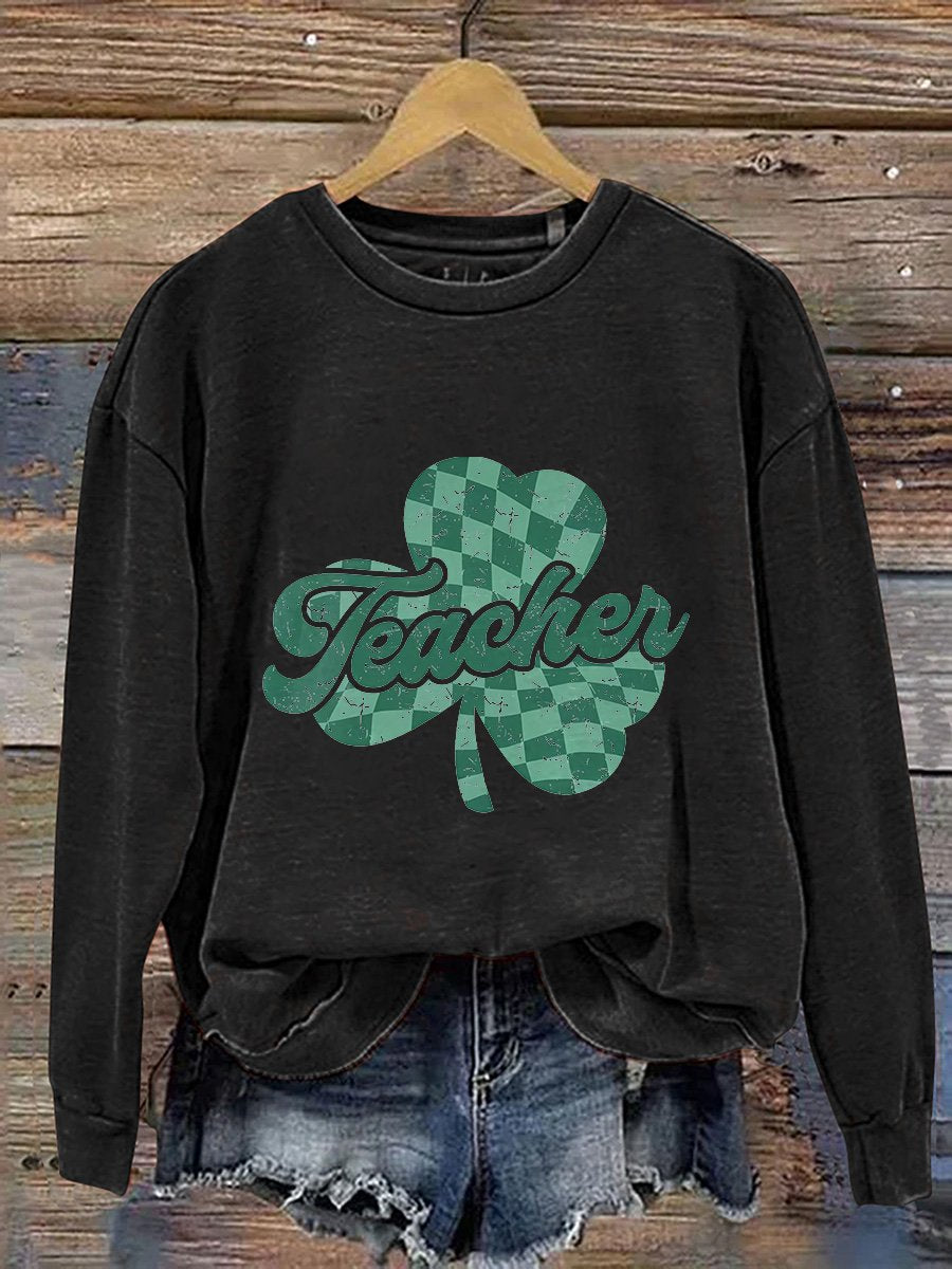 Eagerlys Teacher Checkered St. Patrick's Day Print Casual Sweatshirt
