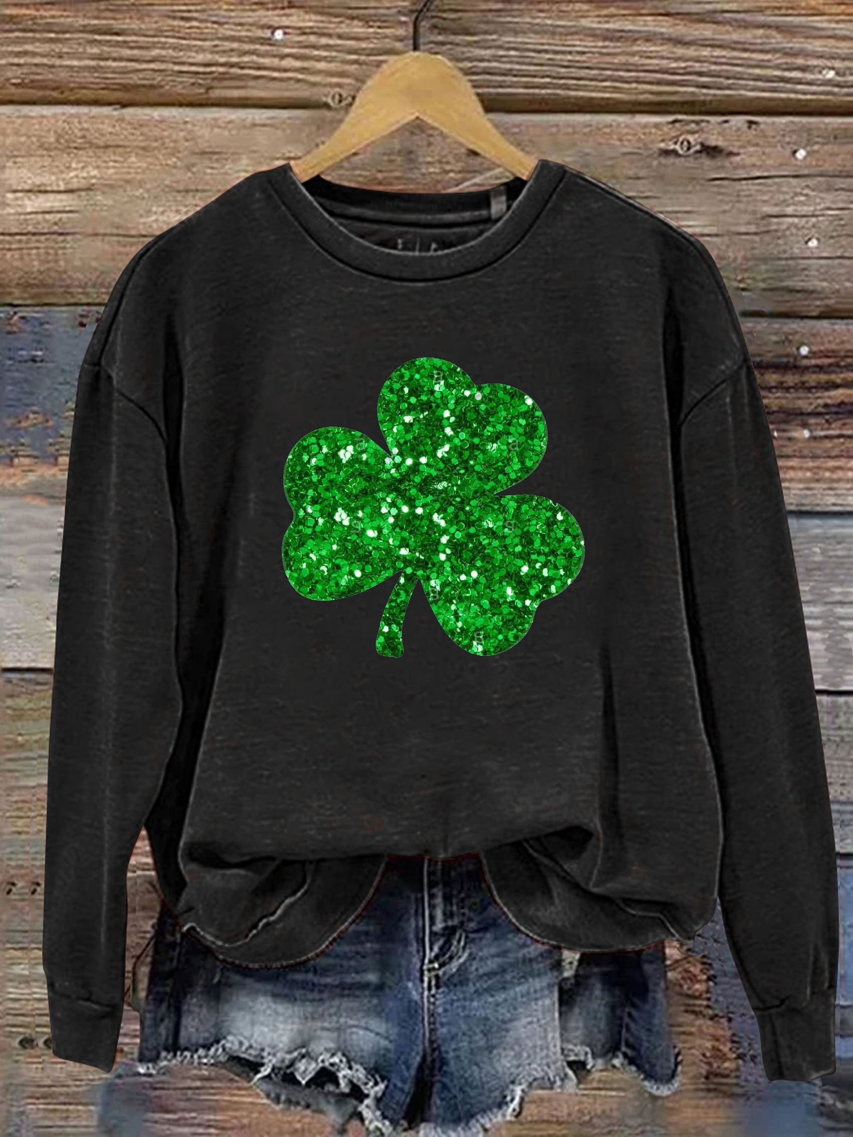 Eagerlys Happy St. Patrick's Day Clover Shiny Print Casual  Sweatshirt