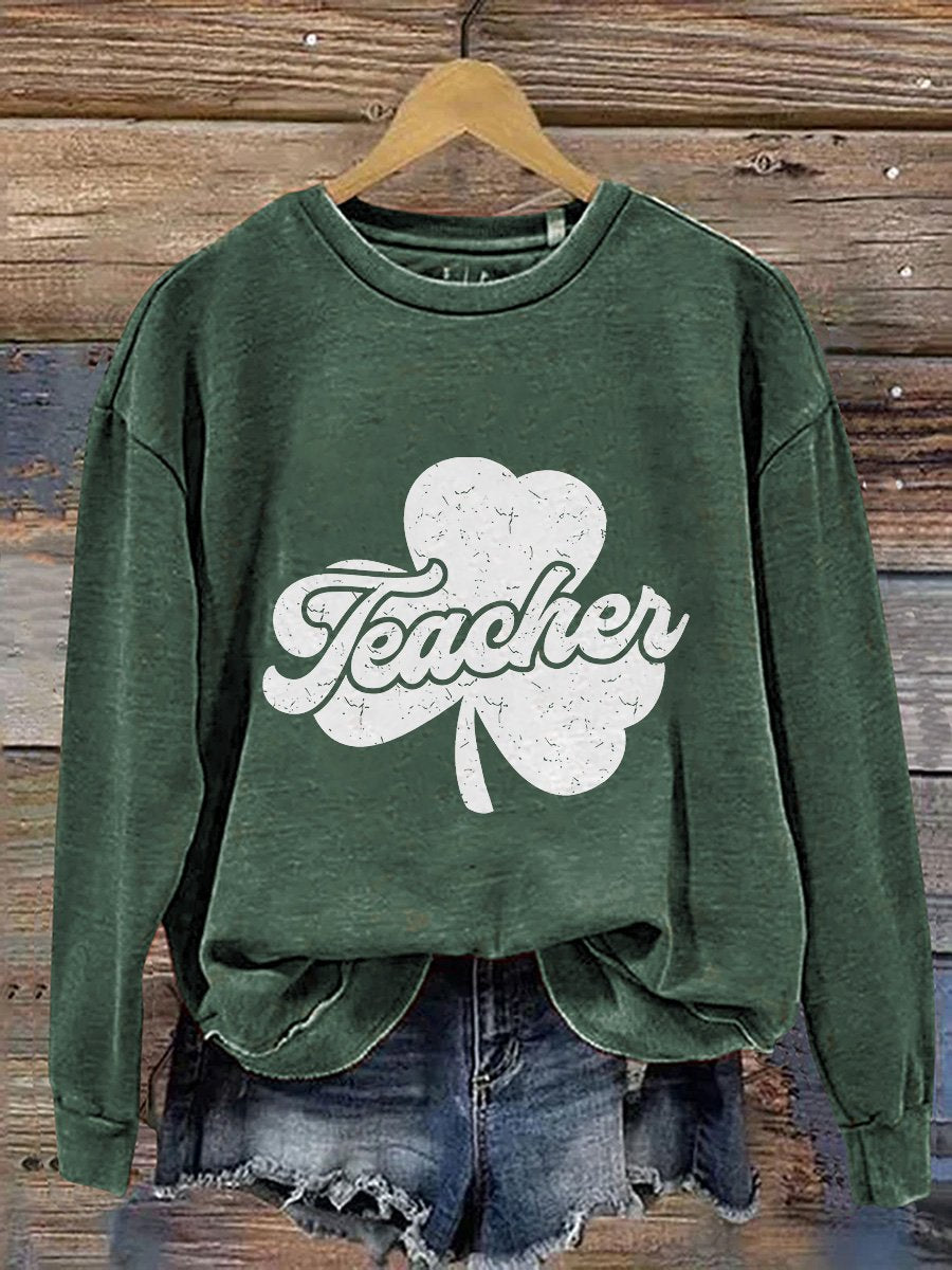 Eagerlys Teacher Checkered St. Patrick's Day Print Casual Sweatshirt