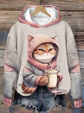 Women's Winter Funny Cute Wonderland Clothing Cat Printed Hooded Sweatshirt