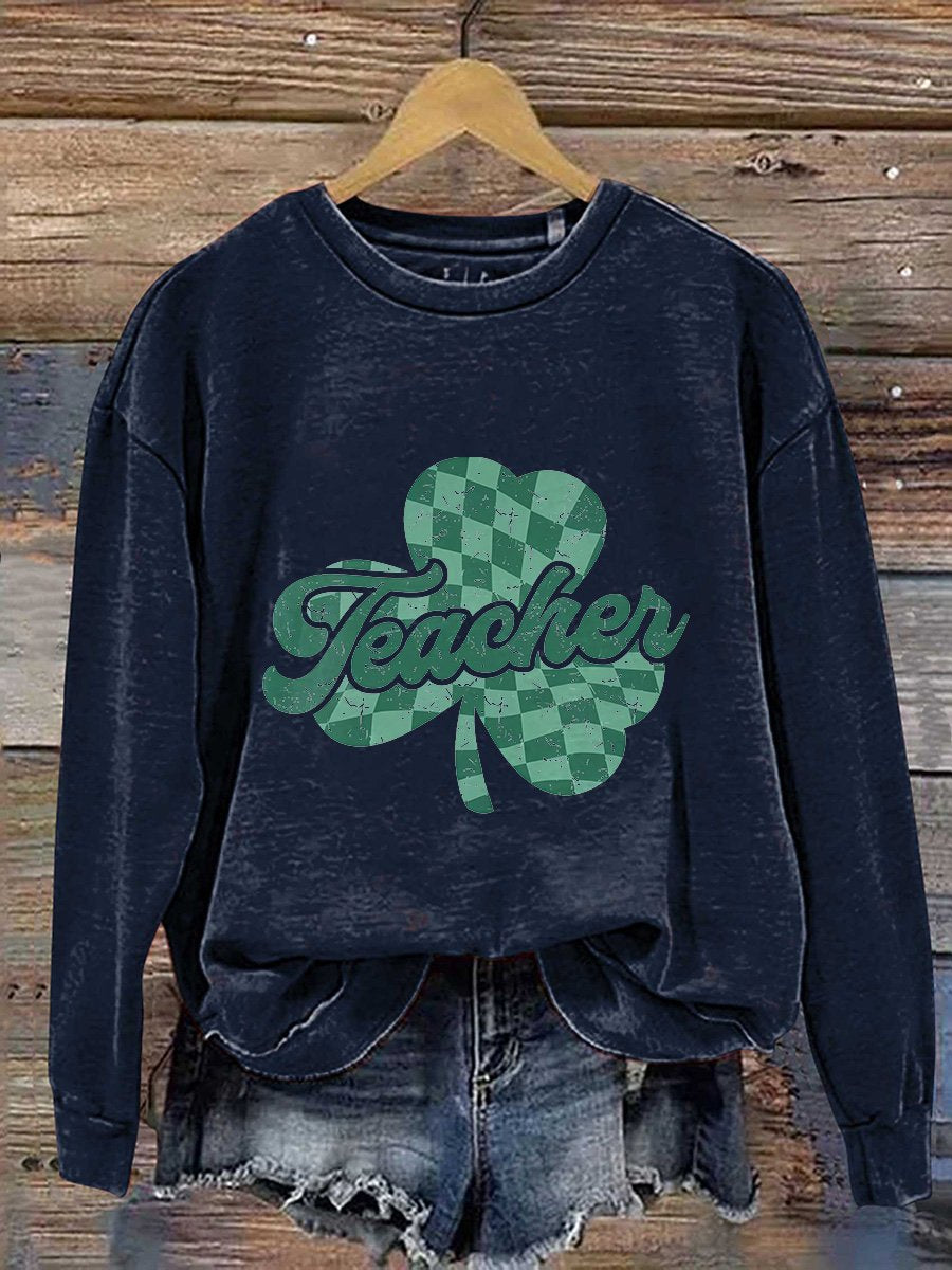 Eagerlys Teacher Checkered St. Patrick's Day Print Casual Sweatshirt