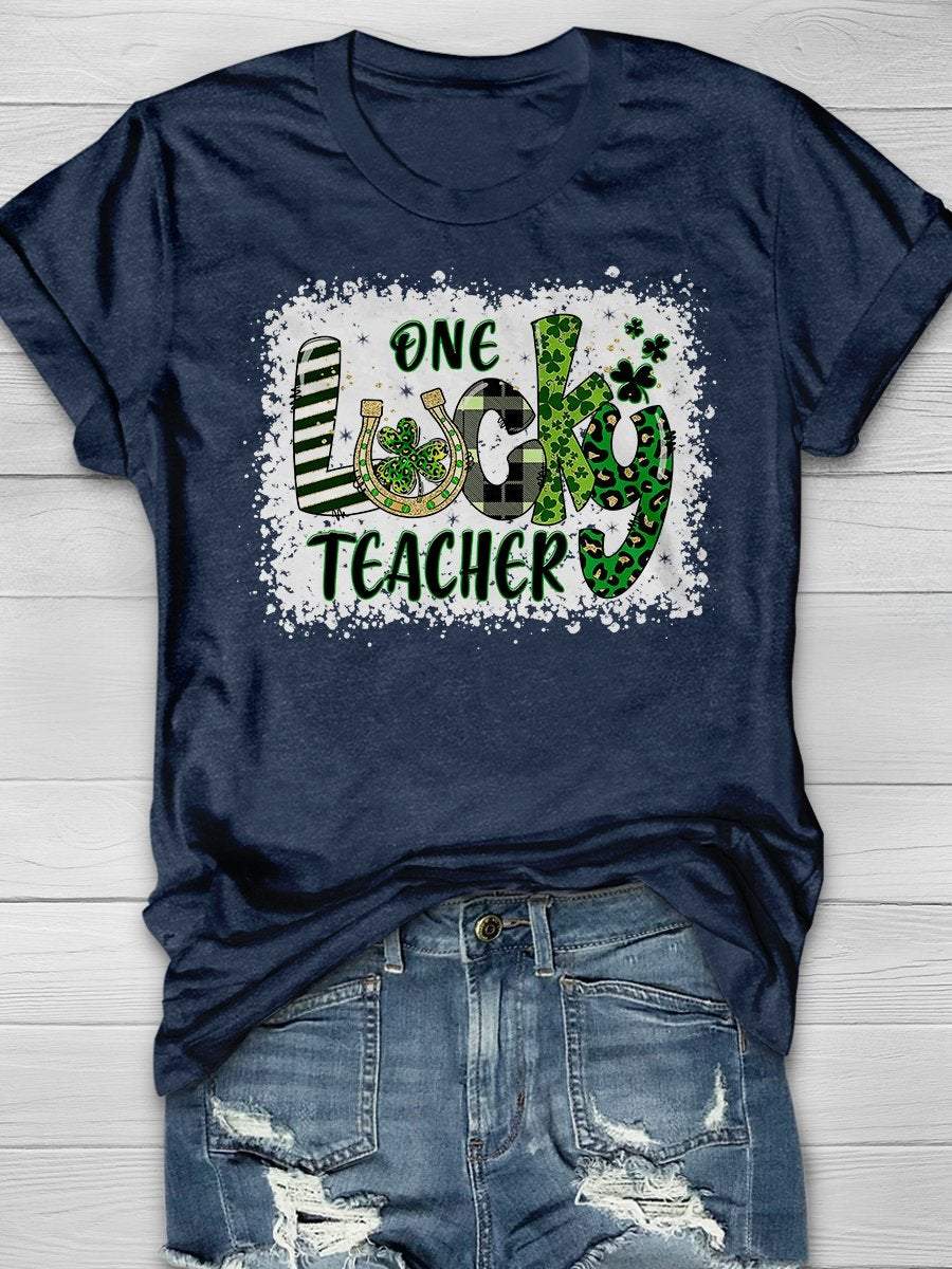Eagerlys Eagerlys  One Lucky Teacher Print Short Sleeve T-shirt