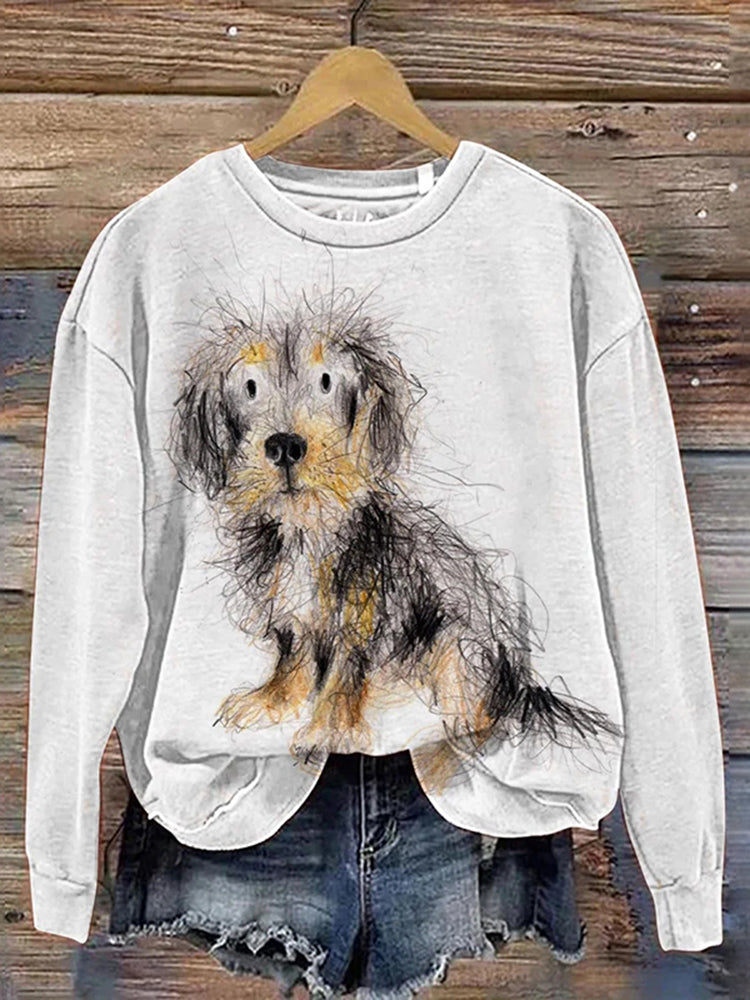 Funny Dog Portrait Art Pattern Print Long Sleeve Casual Sweatshirt