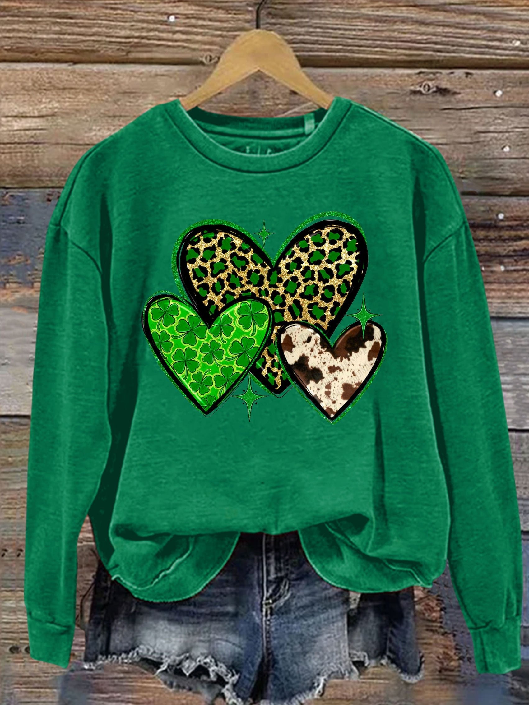 Eagerlys St. Patrick's Day Heart Print Casual Sweatshirt