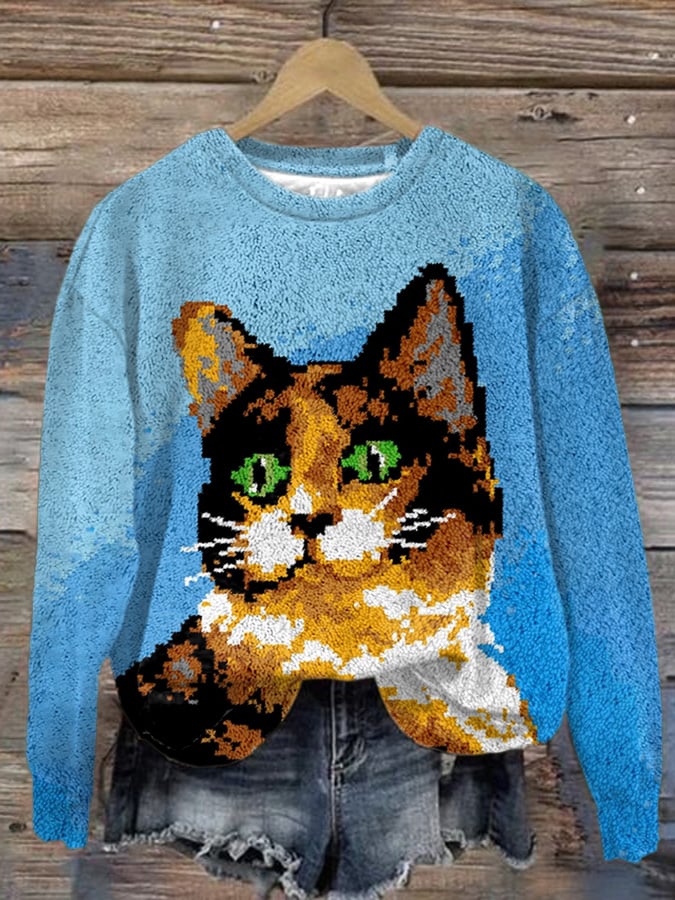 Women's Cat Print Crewneck Sweatshirt
