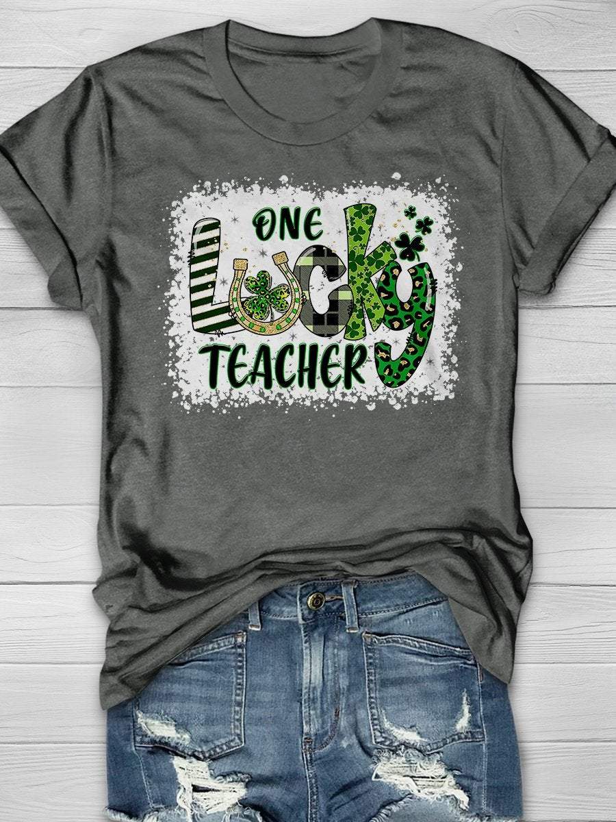 Eagerlys Eagerlys  One Lucky Teacher Print Short Sleeve T-shirt
