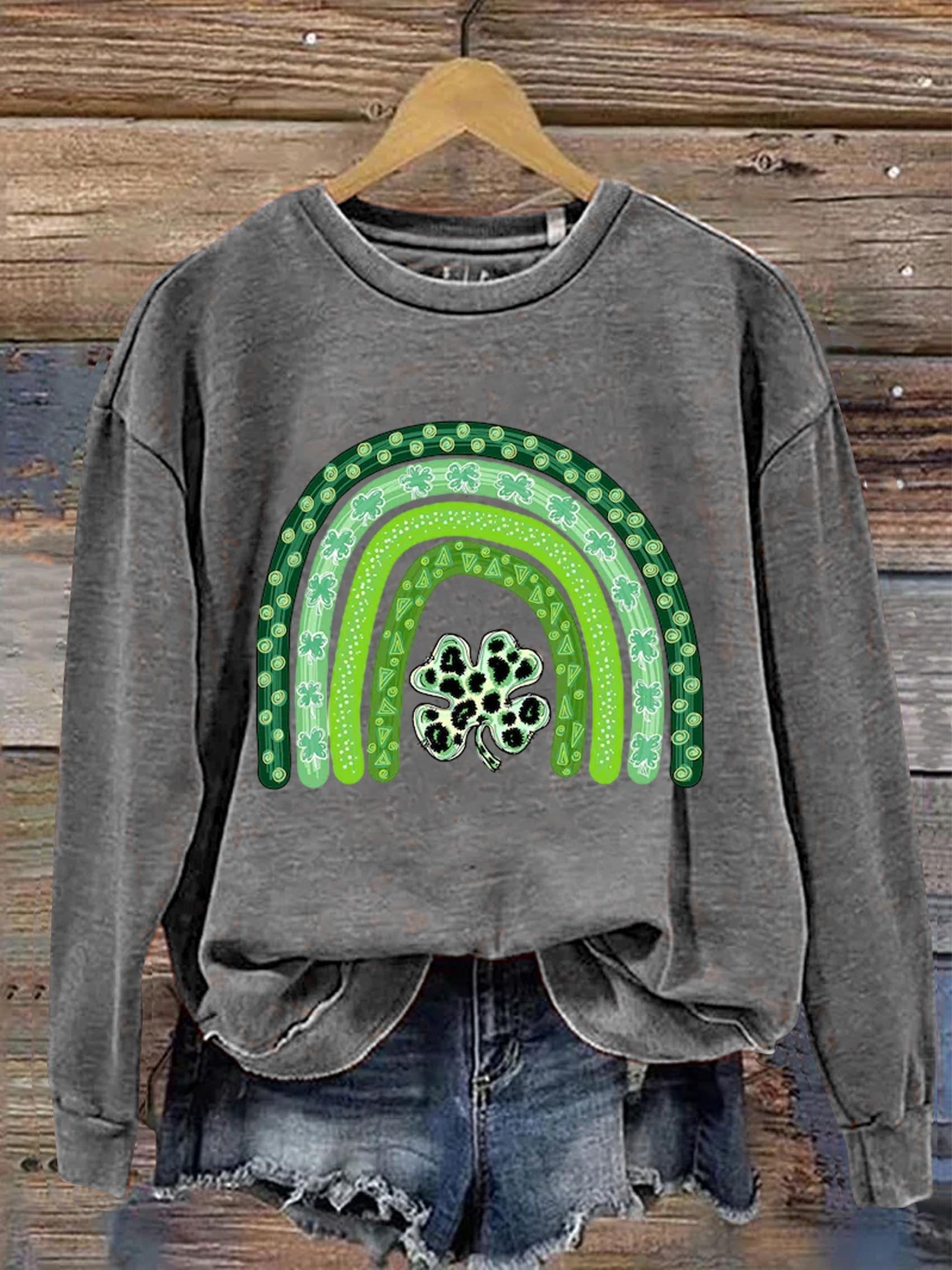 Eagerlys Shamrock Leopard Rainbow St. Patrick's Day Art Print Pattern Casual Sweatshirt