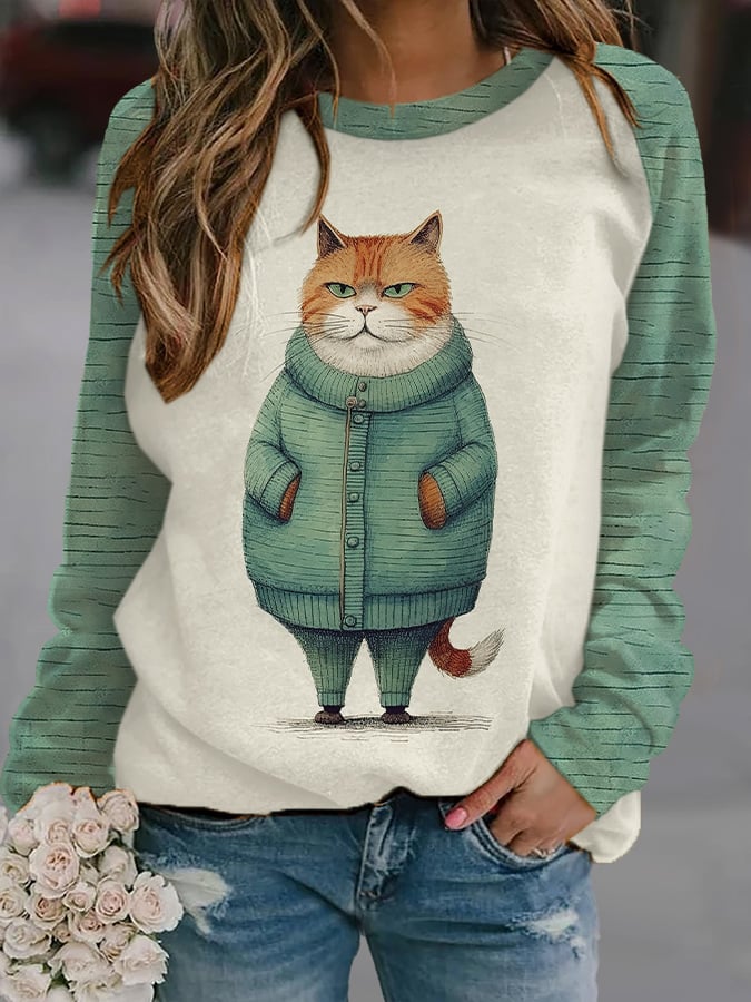 Women'S Cat Print Crew Neck Casual Sweatshirt