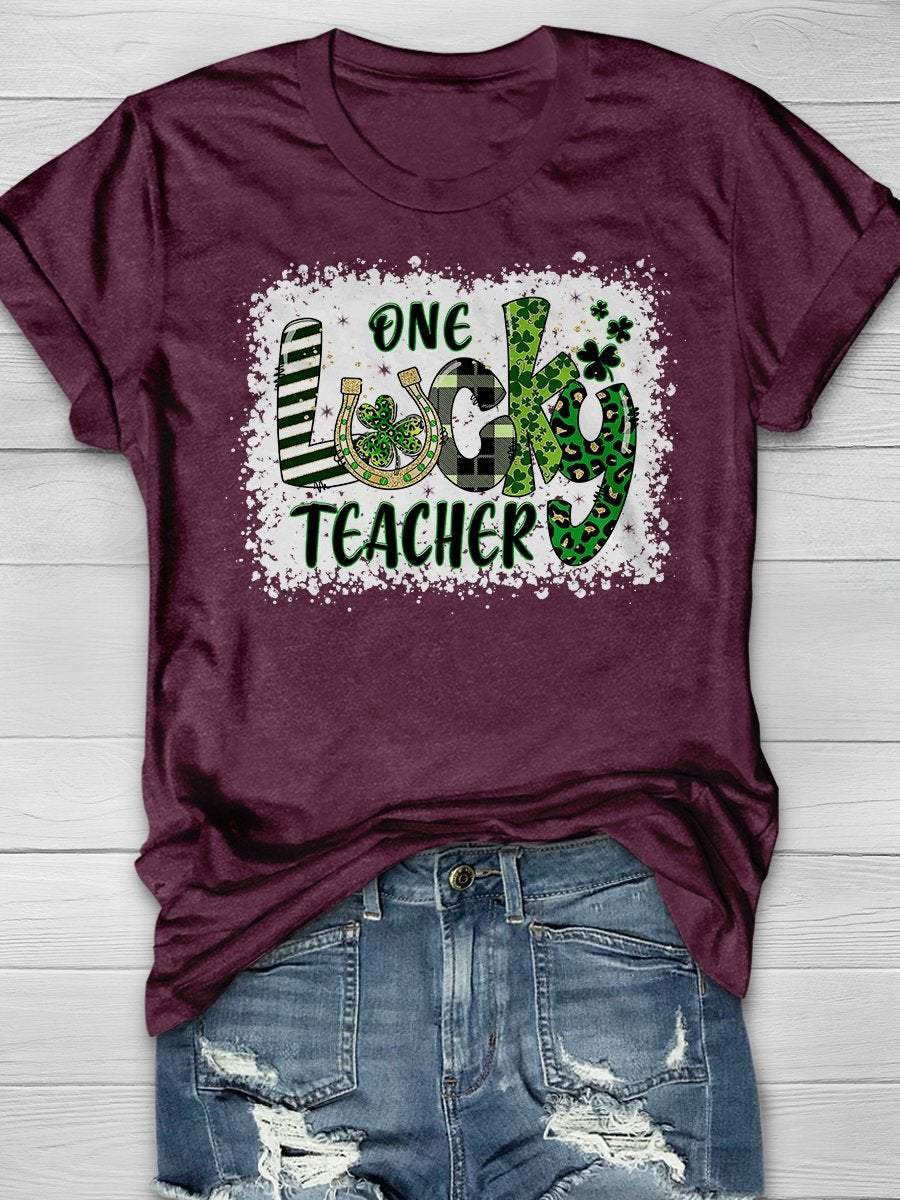 Eagerlys Eagerlys  One Lucky Teacher Print Short Sleeve T-shirt