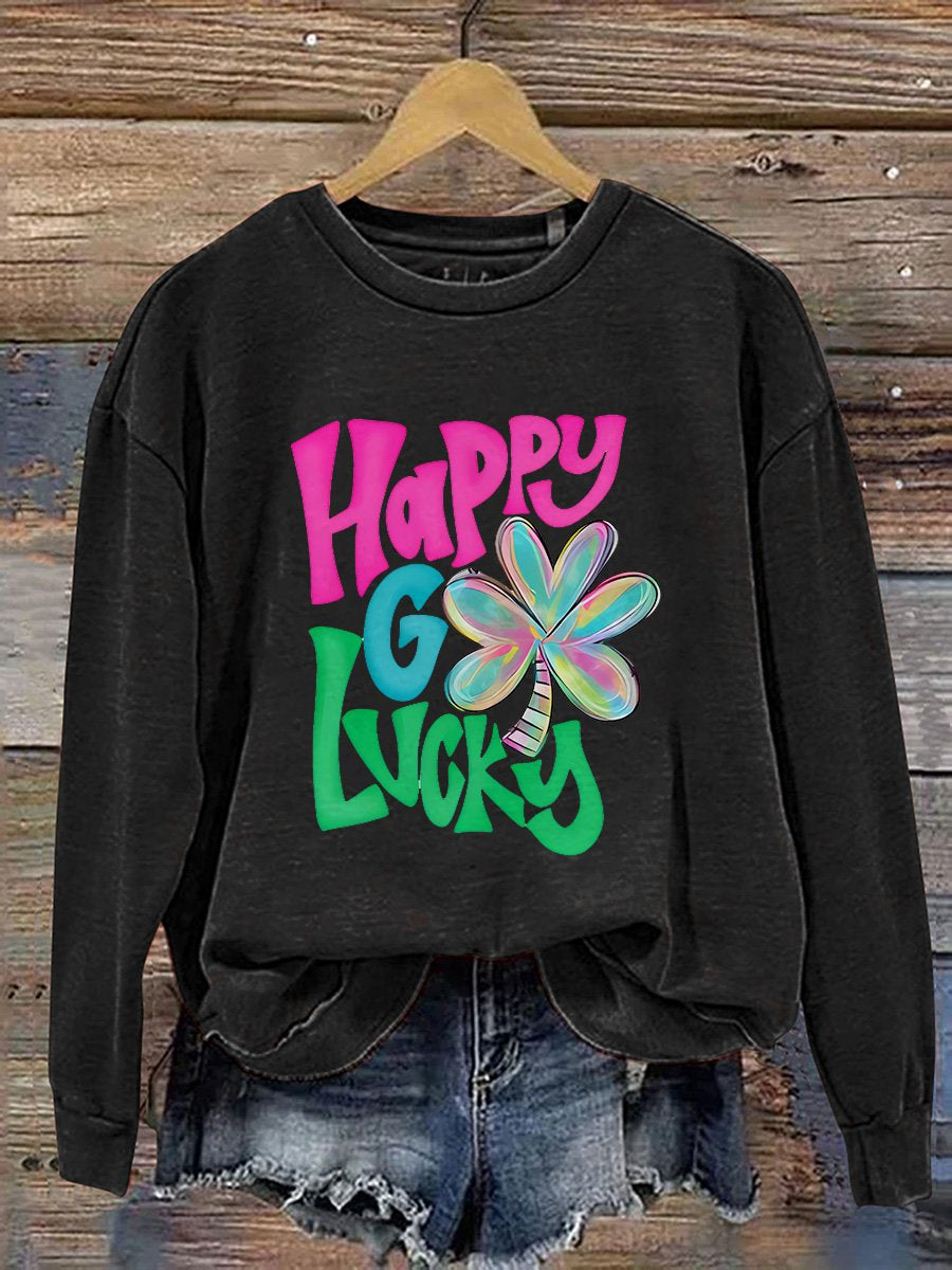 Eagerlys Shamrock Happy Go Lucky St. Patrick's Day Print Casual Sweatshirt