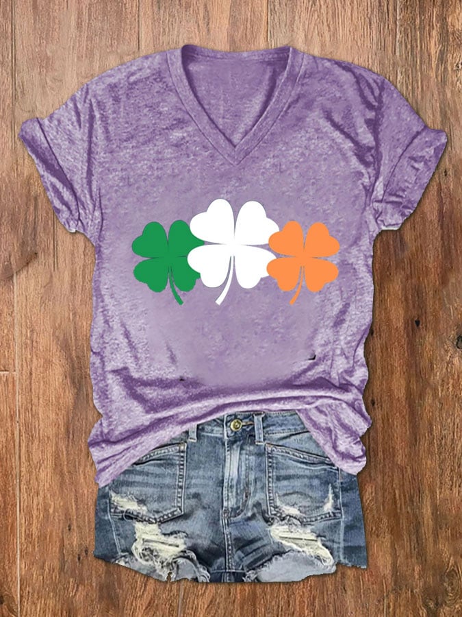Eagerlys Women's Shamrock Print V-Neck Short Sleeve T-Shirt
