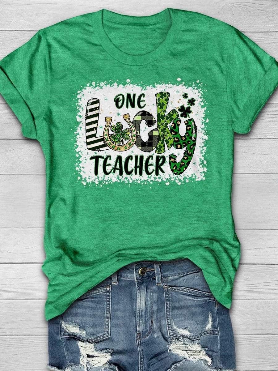 Eagerlys Eagerlys  One Lucky Teacher Print Short Sleeve T-shirt
