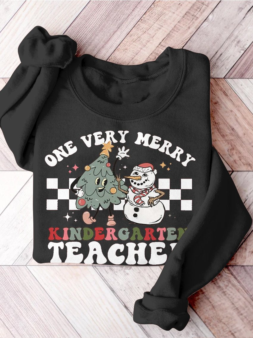 Retro Christmas Kindergarten Teacher Very Merry Teacher Christmas Kindergarten Teaching Print Casual Sweatshirt