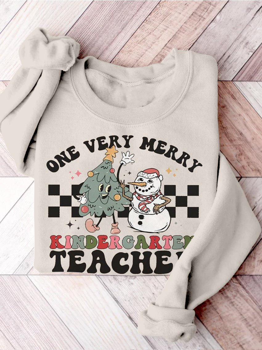 Retro Christmas Kindergarten Teacher Very Merry Teacher Christmas Kindergarten Teaching Print Casual Sweatshirt
