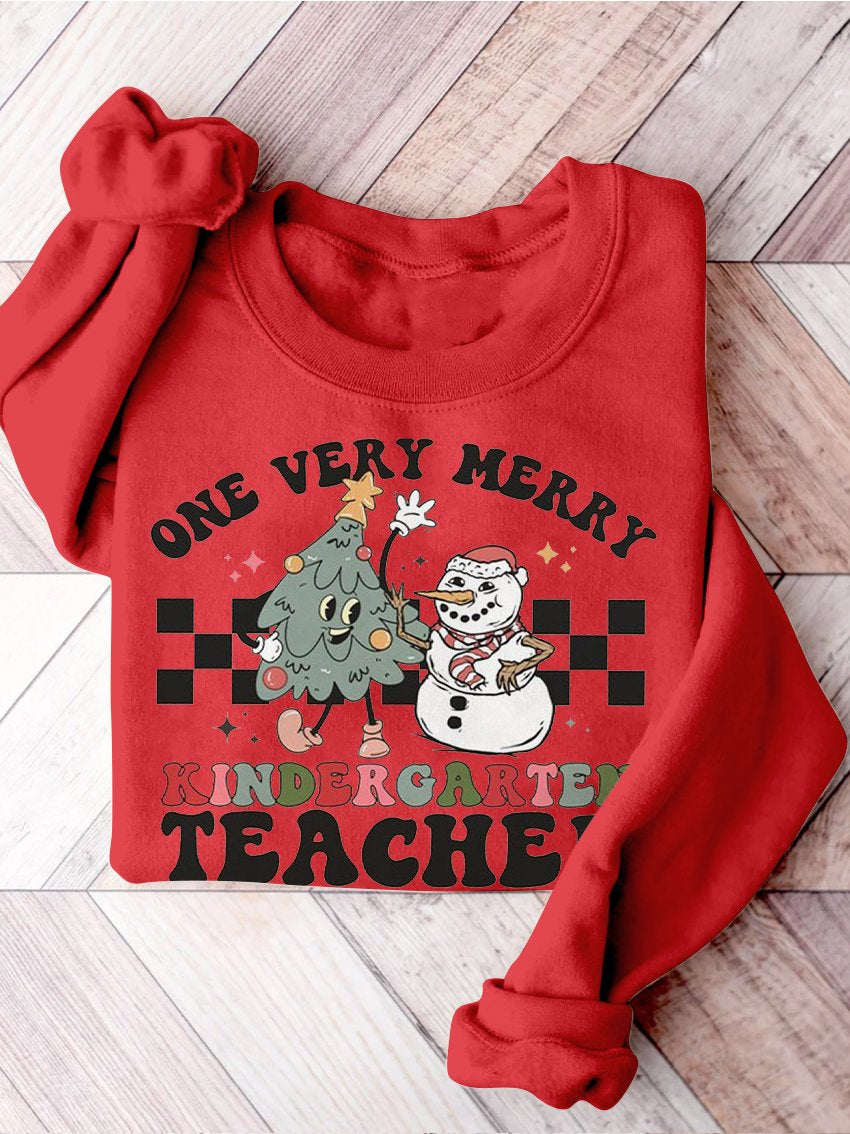 Retro Christmas Kindergarten Teacher Very Merry Teacher Christmas Kindergarten Teaching Print Casual Sweatshirt