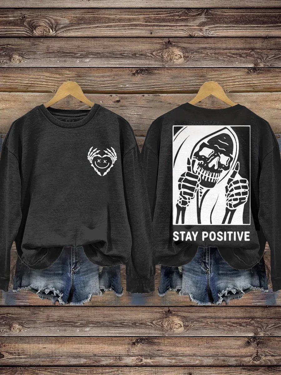 Stay Positive with Skeleton Mental Health Casual Print Hoodie