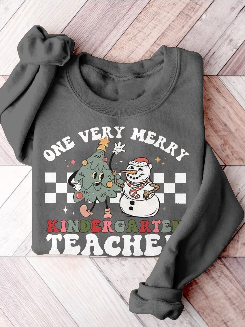 Retro Christmas Kindergarten Teacher Very Merry Teacher Christmas Kindergarten Teaching Print Casual Sweatshirt