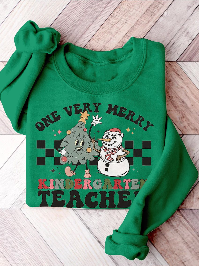 Retro Christmas Kindergarten Teacher Very Merry Teacher Christmas Kindergarten Teaching Print Casual Sweatshirt