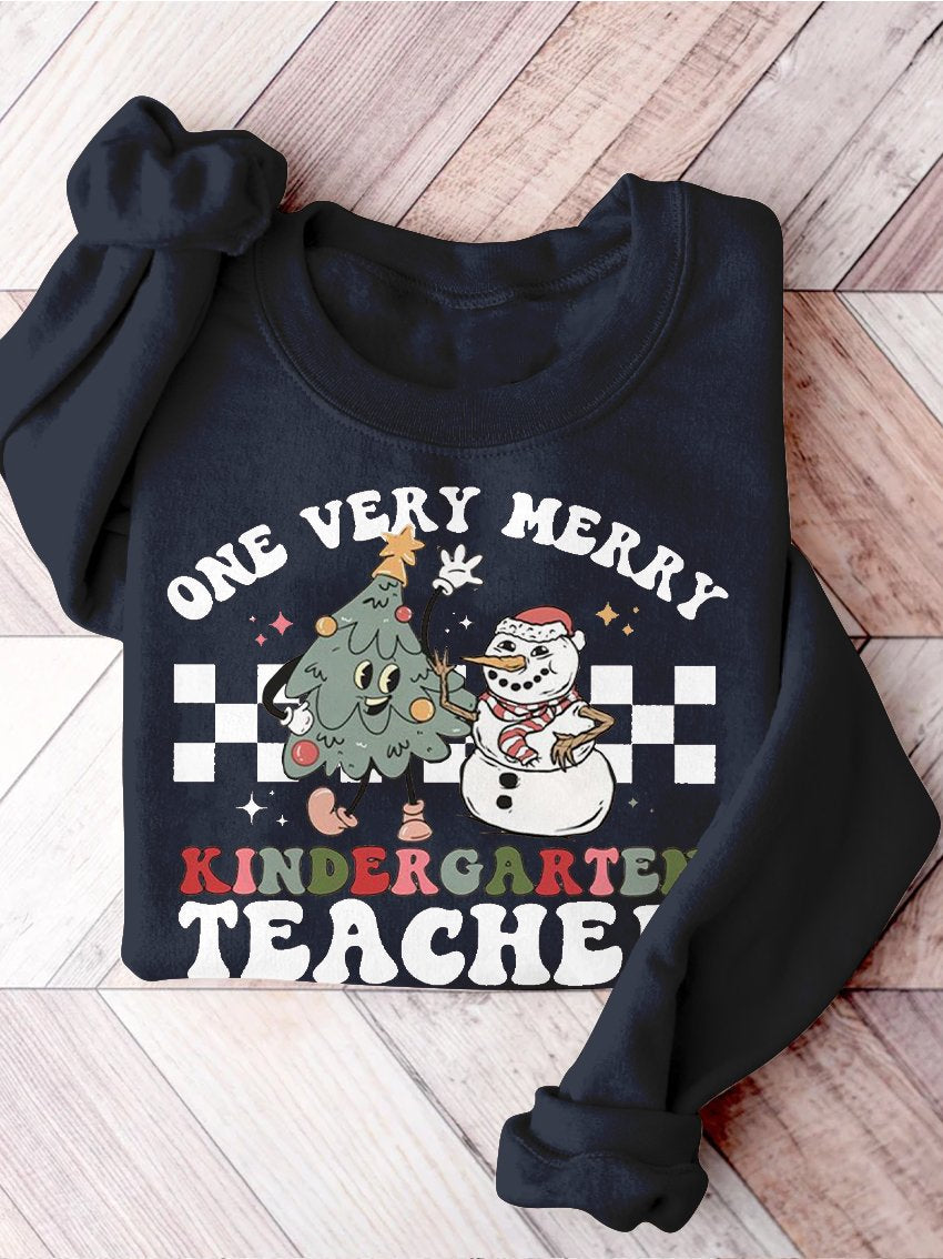 Retro Christmas Kindergarten Teacher Very Merry Teacher Christmas Kindergarten Teaching Print Casual Sweatshirt