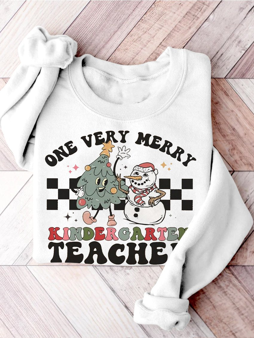Retro Christmas Kindergarten Teacher Very Merry Teacher Christmas Kindergarten Teaching Print Casual Sweatshirt