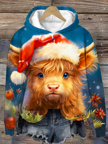 Women's Christmas Snowflake Highland Cow Print Hoodie