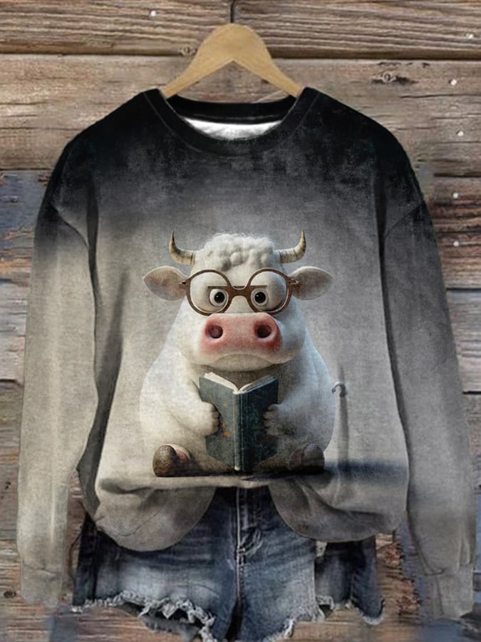 Cow Read Book Watercolor Painting Print Sweatshirt