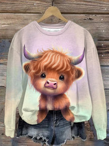 Women'S Cute Baby Cow Long Sleeve Casual Print Crew Neck Sweatshirt